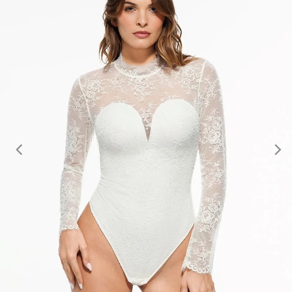 Popilush Shapewear Mock Neck Long Sleeve Floral Lace Bodysuit